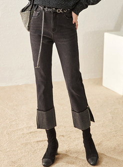 Chicwish Fur-Lined Split High Waisted Jeans For Women