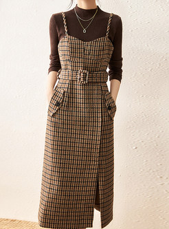 Stand Collar Fitted Knitted Jumper & Plaid Thickened Slip Dresses With Belt