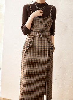 Stand Collar Fitted Knitted Jumper & Plaid Thickened Slip Dresses With Belt
