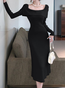 Square Neck Solid Color Long Sleeve Midi Dresses