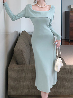 Square Neck Solid Color Long Sleeve Midi Dresses