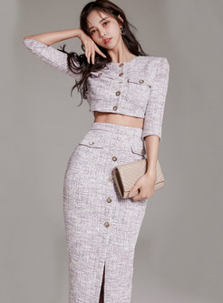 Elegant Crewneck Cropped Top & Metal Button Tight Skirt Suits