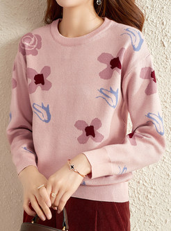 Fantasy Crewneck Flower Decor Sweaters For Women