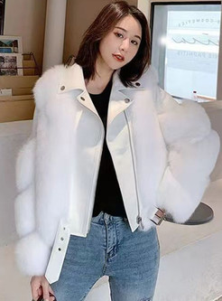 Turn-Down Collar PU Splicing Women's Faux Fur Coats