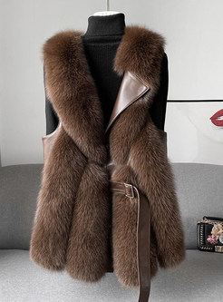 Fashion Large Lapels PU Splicing Faux Fur Vests