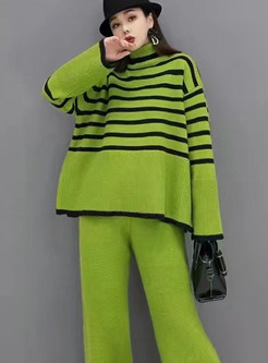 High Neck Striped Loose Knitted Pant Suit Set For Women