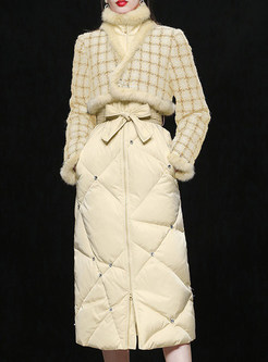 Mock Neck Fur-Trimmed Plaid Tie Waist Womens Puffer Coats