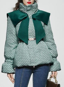 High Neck Printed Bow-Embellished Women's Puffer Jackets