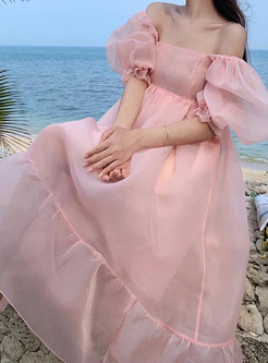 Retro Pink Square Neck Puff Sleeve Big Hem Dresses