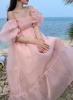 Retro Pink Square Neck Puff Sleeve Big Hem Dresses