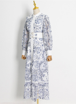 Elegant Mock Neck Allover Print Long Dresses