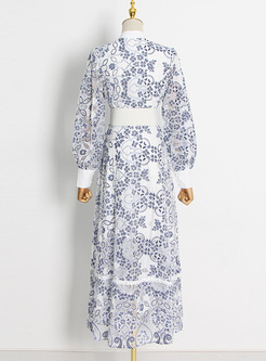 Elegant Mock Neck Allover Print Long Dresses