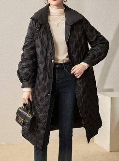 Turn-Down Collar Solid Color Tie Waist Puffer Coats For Women