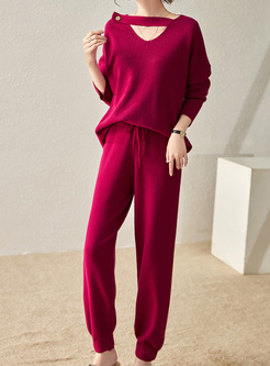 Casual Glamorous Solid Color Knitted Lady Suits Sets