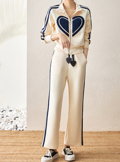 Relaxed Turn-Down Collar Hearts Pant Suit Set For Women