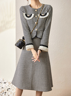 Elegant Houndstooth Metal Button Skirt Suits