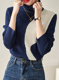 High Neck Contrasting Casual Knit Jumper For Women
