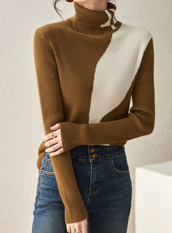 High Neck Contrasting Casual Knit Jumper For Women
