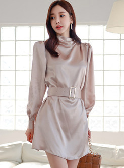 Turtleneck Solid Long Sleeve Short Dresses