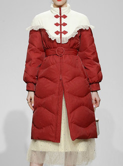 Mock Neck Contrasting Frill Trim Side Puffer Coats For Women