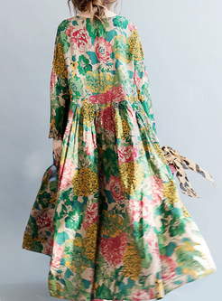 Ethnic Crewneck Long Sleeve Floral Print Linen Dresses