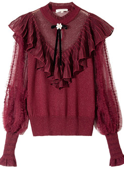 Ruffle Neckline Bow-Embellished Ruffles Knitted Jumper For Women