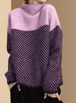 High Neck Striped Patchwork Sweaters For Women