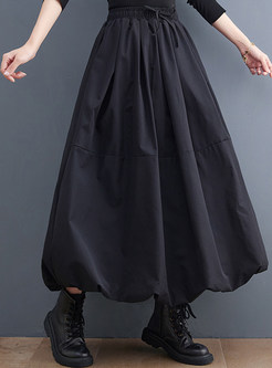 Relaxed High Waisted Gathered Solid Midi Skirts For Women