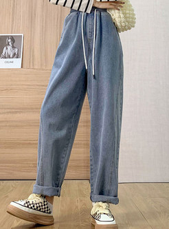 Vintage Loose Solid Jean Pants For Women