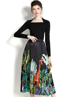 Square Neck Tight Knit Jumper & Pleated Floral Print Skirt Suits