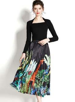 Square Neck Tight Knit Jumper & Pleated Floral Print Skirt Suits