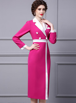 Large Lapels Contrasting Double-Breasted Office Dresses