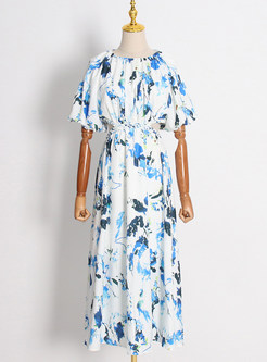Crewneck Ruffles Cutout Allover Print Midi Dresses