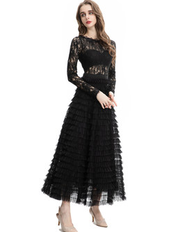Crew Neck Transparent Openwork Pleated Layer Frill Long Dress