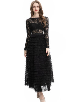 Crew Neck Transparent Openwork Pleated Layer Frill Long Dress