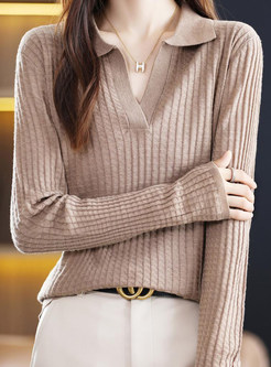 Women's Turn-Down Collar Ribbed Knitted Jumper