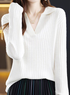 Women's Turn-Down Collar Ribbed Knitted Jumper