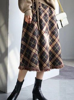 Vintage Plaid Fringes-Trimmed Knitting Mid Length Skirts