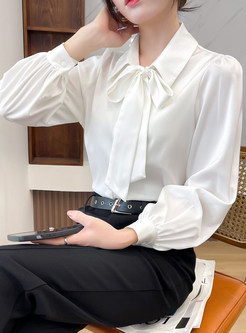 Tie Neck Solid White Blouses For Women