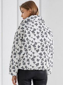 Turn-Down Collar Printed Full Zip Fluffy Down Jackets Womens