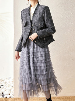 Stylish Tweed Single-Breasted Coats & Tiered Ruffle Skirts