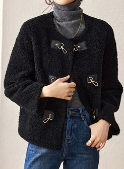 Crewneck Single-Breasted Cropped Teddy Jackets For Women