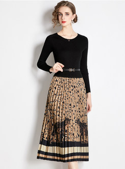 Crew Neck Knitted Patch Leopard Print Pleated Midi Dresses