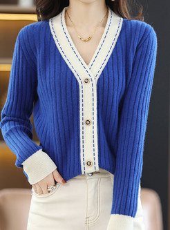 Fashion V-Neck Color Contrast Open Front Knitted Women