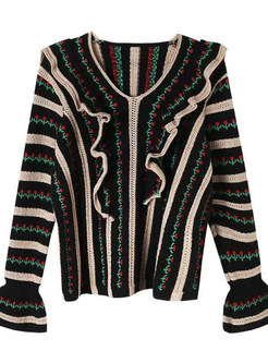 Ruffles Flare Sleeve Intarsia Sweaters Women