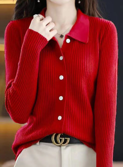 Women's Turn-Down Collar Ribbed Single-Breasted Open Front Knitted