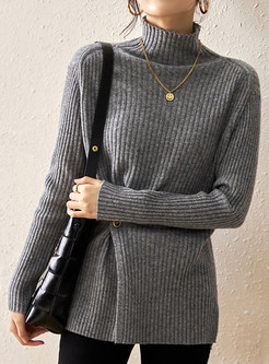 High Neck Slit One Button Womens Sweaters