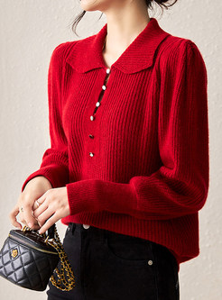 Women's Turn-Down Collar Puff Sleeve Half Snap Knitwear