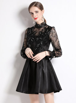 Ruffle Neckline Embroidered Transparent Short Dresses