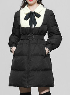 Turn-Down Collar Contrasting Bow-Embellished Down Coats Womens